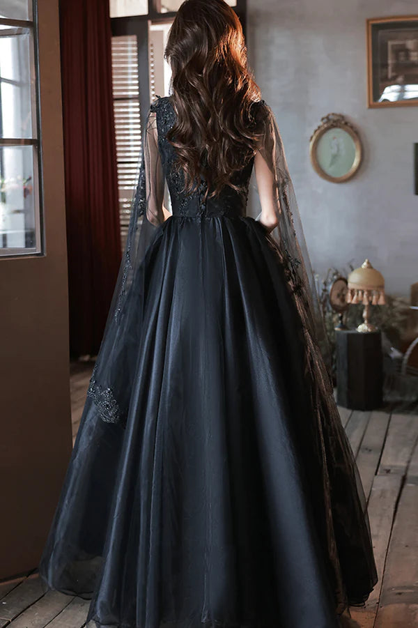 Black V-Neck Lace Long Prom Dress Black A-Line Evening Party Dress