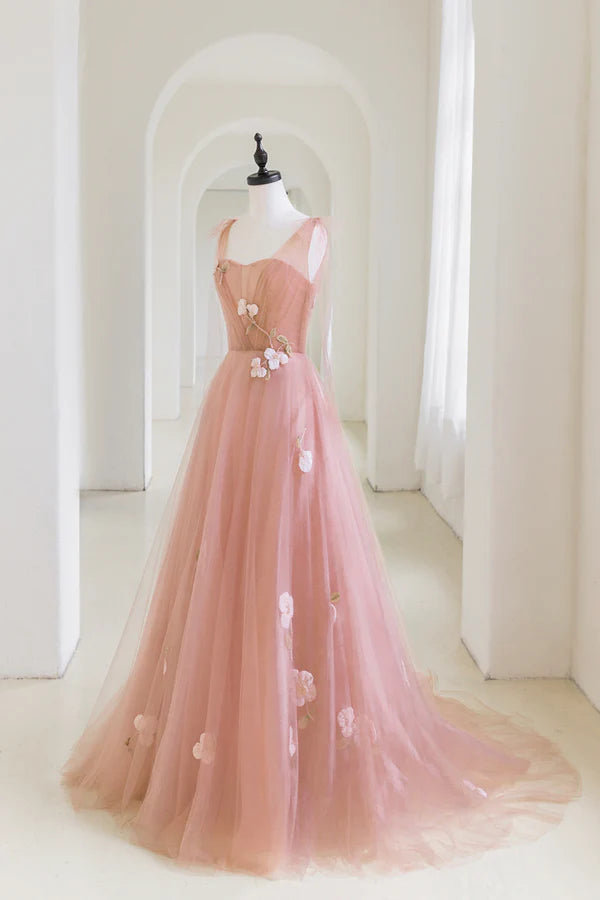 Pink Tulle Long A-Line Prom Dress Lovely Pink Evening Graduation Dress