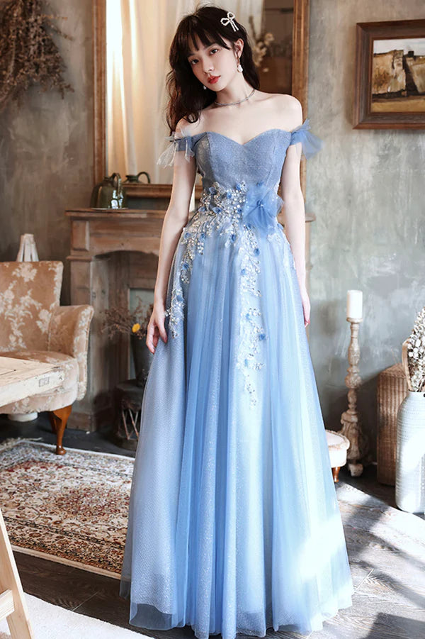Blue Tulle Long A-Line Prom Dress Blue Off the Shoulder Evening Party Dress