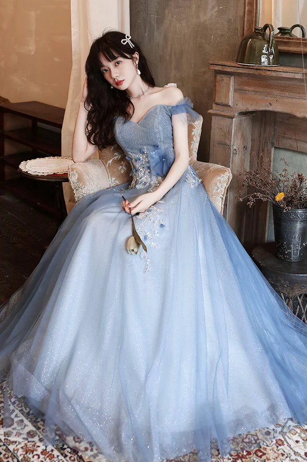 Blue Tulle Long A-Line Prom Dress Blue Off the Shoulder Evening Party Dress