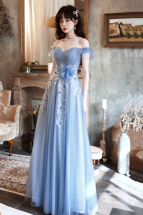Blue Tulle Long A-Line Prom Dress Blue Off the Shoulder Evening Party Dress