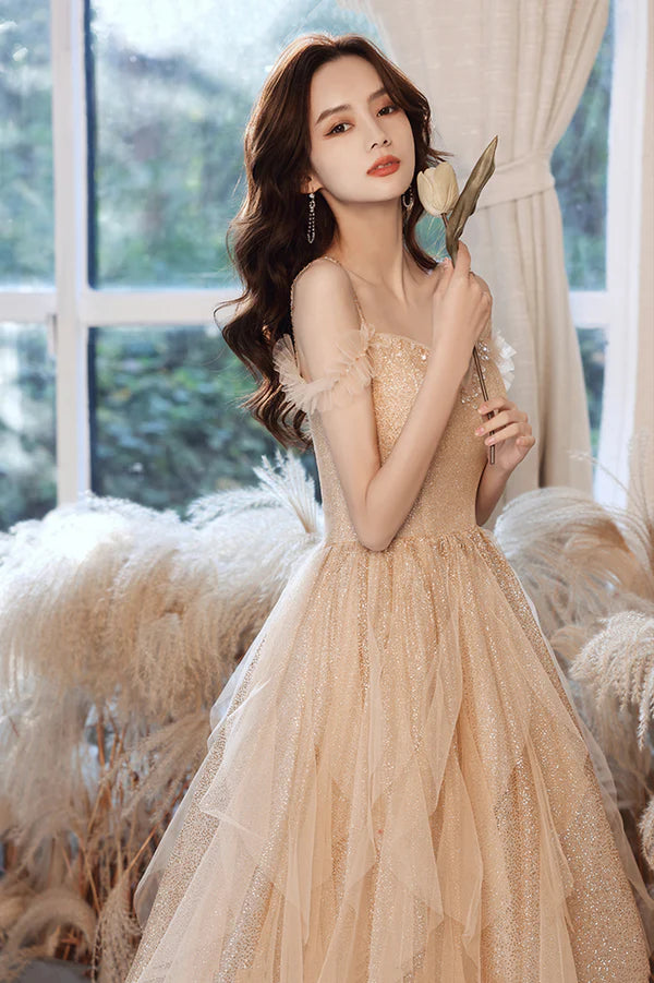 A-Line Tulle Long Prom Dress with Sequins Spaghetti Straps Evening Dress