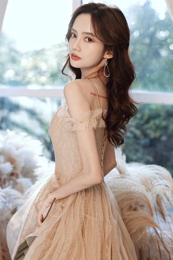 A-Line Tulle Long Prom Dress with Sequins Spaghetti Straps Evening Dress