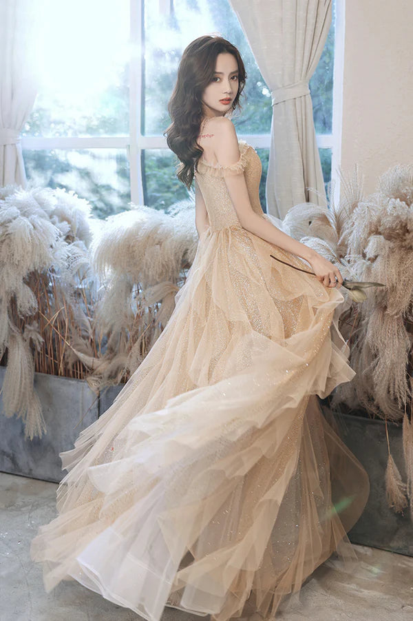 A-Line Tulle Long Prom Dress with Sequins Spaghetti Straps Evening Dress