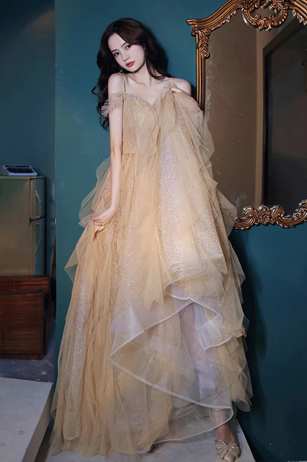 A-Line Tulle Long Prom Dress with Sequins Spaghetti Straps Evening Dress
