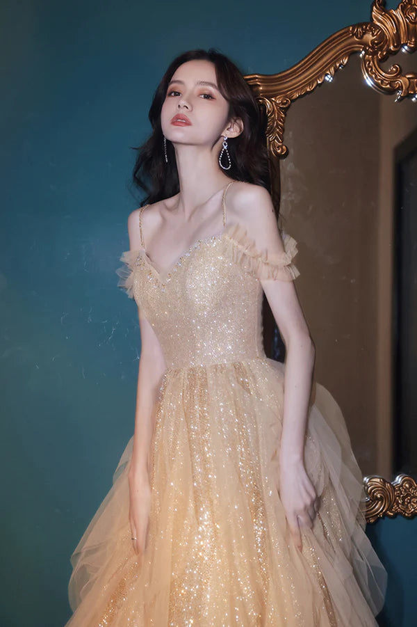 A-Line Tulle Long Prom Dress with Sequins Spaghetti Straps Evening Dress