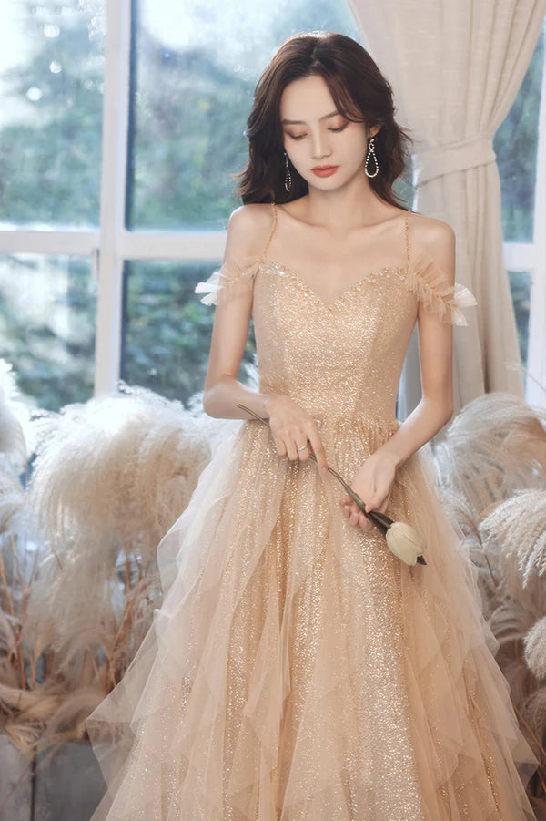 A-Line Tulle Long Prom Dress with Sequins Spaghetti Straps Evening Dress