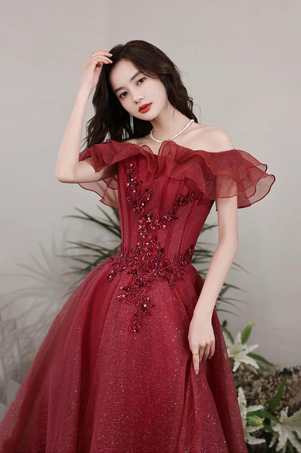 Burgundy Lace Long A-Line Prom Dress Off the Shoulder Evening Party Dress