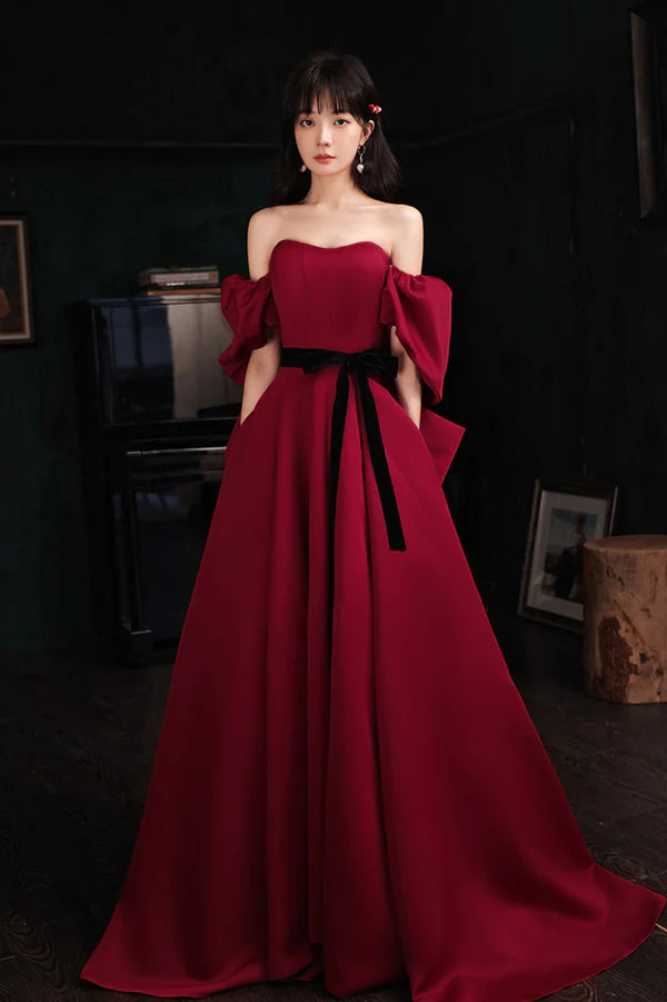 Burgundy Satin Long A-Line Prom Dress Burgundy Off the Shoulder Evening Dress