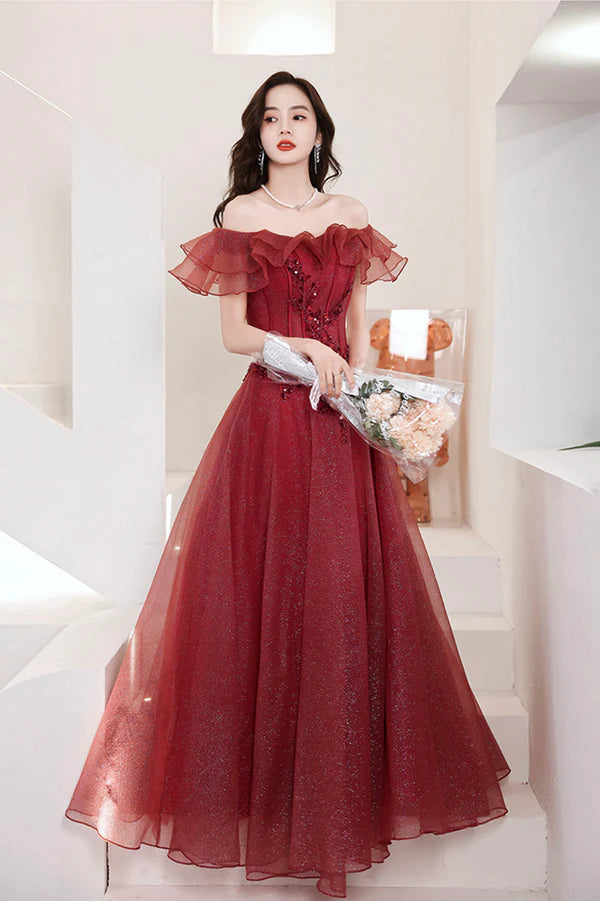 Burgundy Lace Long A-Line Prom Dress Off the Shoulder Evening Party Dress