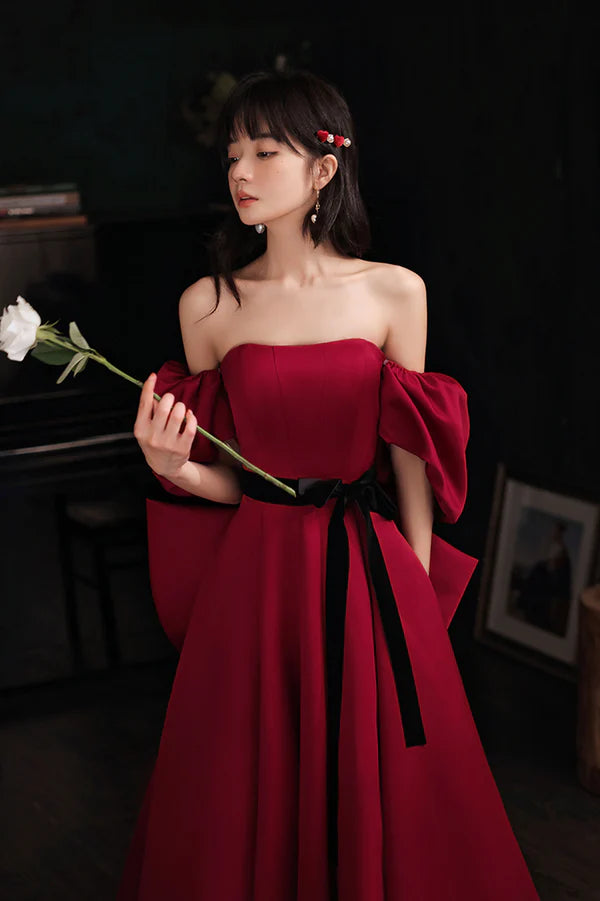 Burgundy Satin Long A-Line Prom Dress Burgundy Off the Shoulder Evening Dress