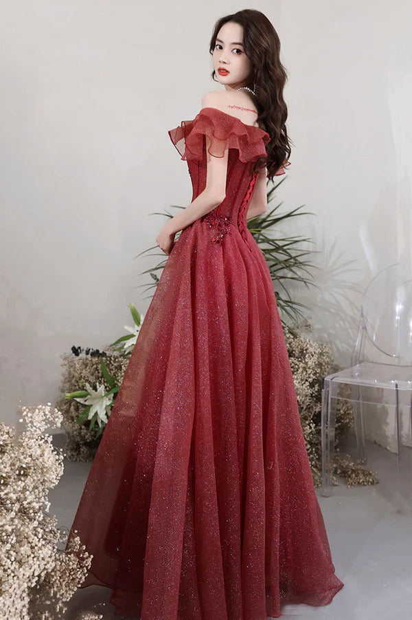 Burgundy Lace Long A-Line Prom Dress Off the Shoulder Evening Party Dress