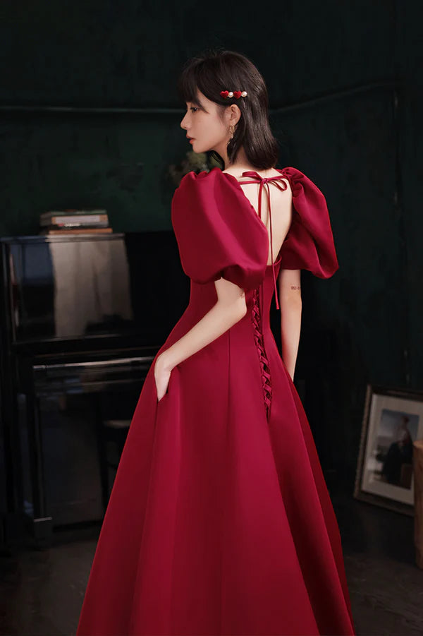 Burgundy Satin Long A-Line Prom Dress Burgundy Off the Shoulder Evening Dress