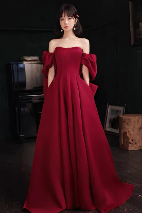 Burgundy Satin Long A-Line Prom Dress Burgundy Off the Shoulder Evening Dress