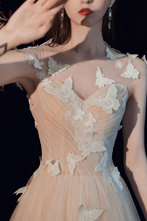 Champagne Tulle Long Prom Dress with Butterfly A-Line Evening Party Dress