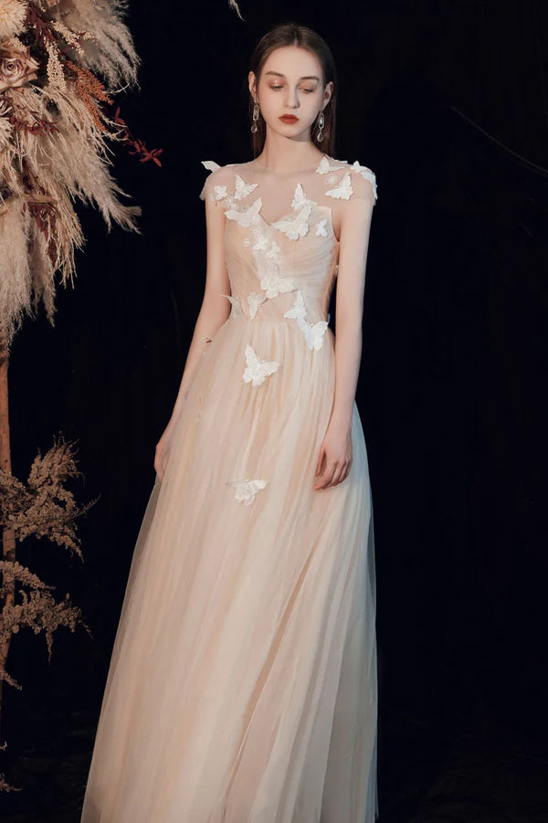 Champagne Tulle Long Prom Dress with Butterfly A-Line Evening Party Dress