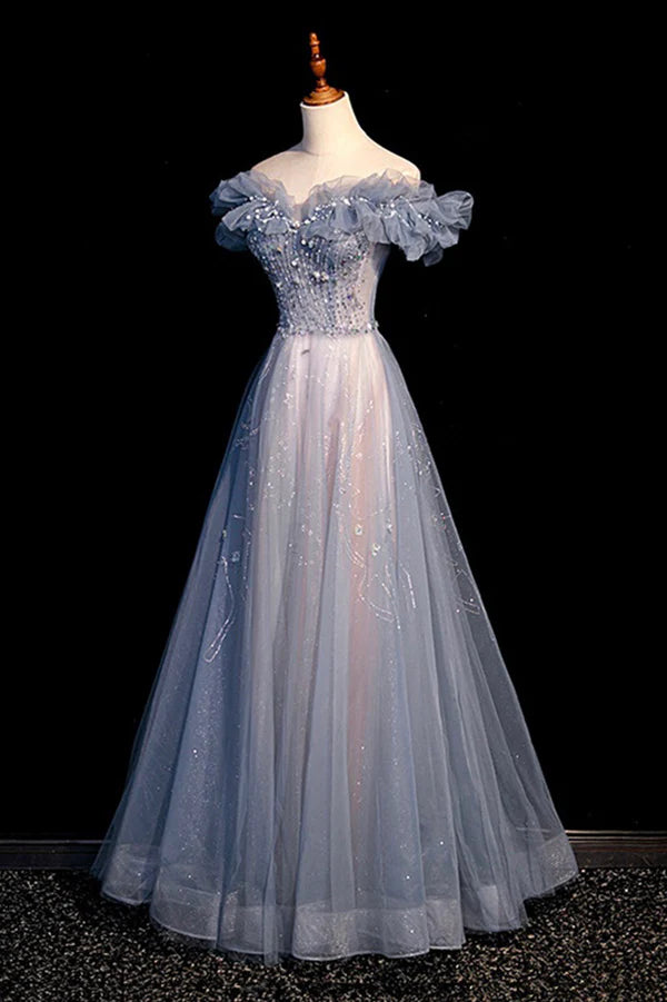 High Quality Tulle Long Prom Dress with Beaded A-Line Evening Party Dress