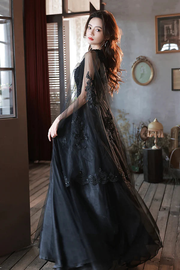 Black V-Neck Lace Long Prom Dress Black A-Line Evening Party Dress