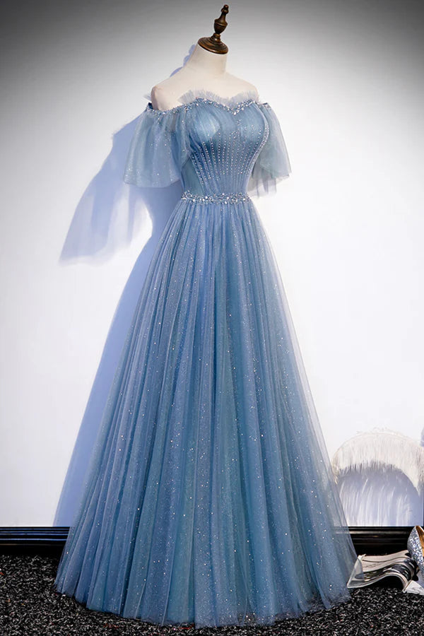 Blue Tulle Long A-Line Prom Dress Off the Shoulder Evening Party Dress
