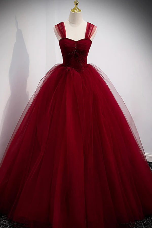 Burgundy Tulle Long A-Line Evening Dress Off the Shoulder Formal Party Dress