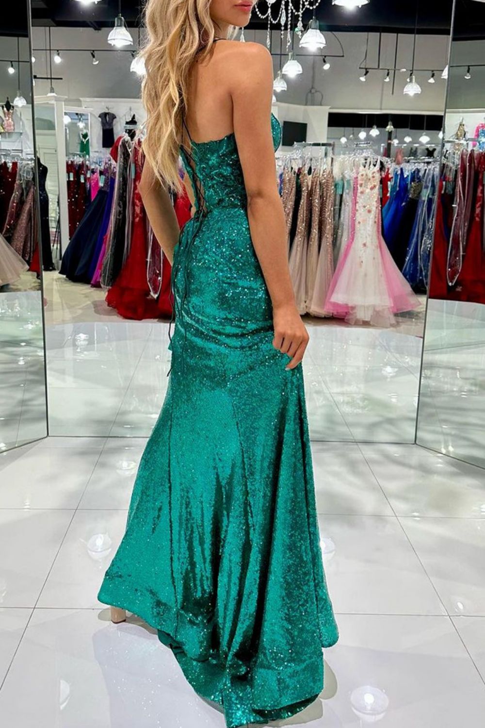 Bling Mermaid Spaghetti Straps Green Sequins Long Prom Dress with Split Front