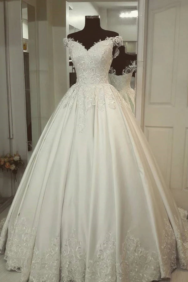 Buyishang A-Line Off-the-Shoulder Ivory Wedding Gown with Appliques