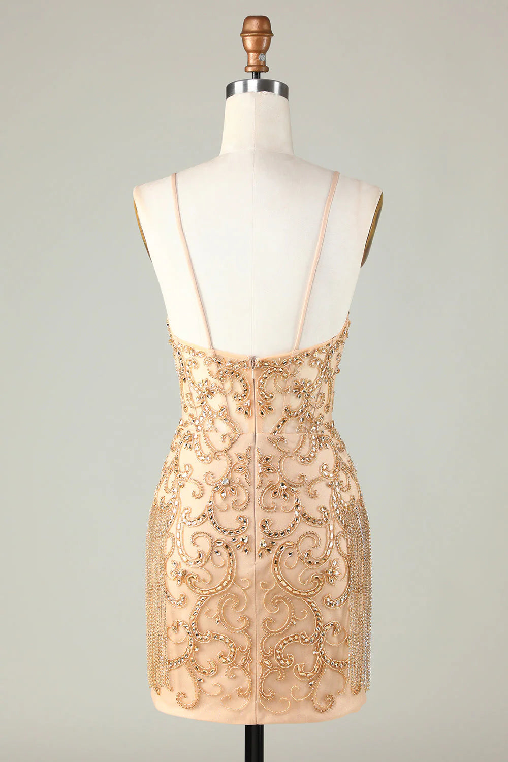 Spaghetti Straps Golden Tight Homecoming Dress with Beading