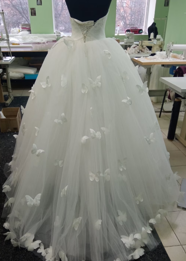 Tulle wedding dress decorated with butterflies. White wedding dress. A line bridal gown. Custom made wedding dress.