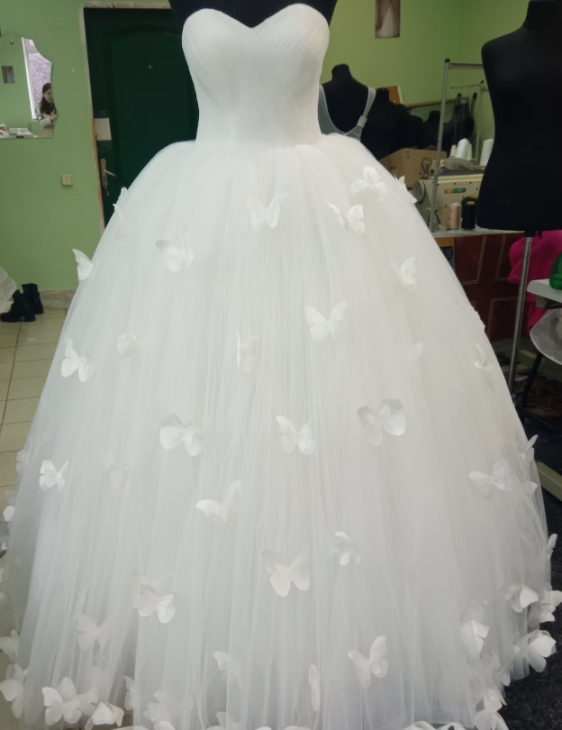 Tulle wedding dress decorated with butterflies. White wedding dress. A line bridal gown. Custom made wedding dress.