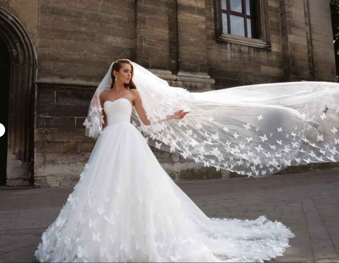 Tulle wedding dress decorated with butterflies. White wedding dress. A line bridal gown. Custom made wedding dress.