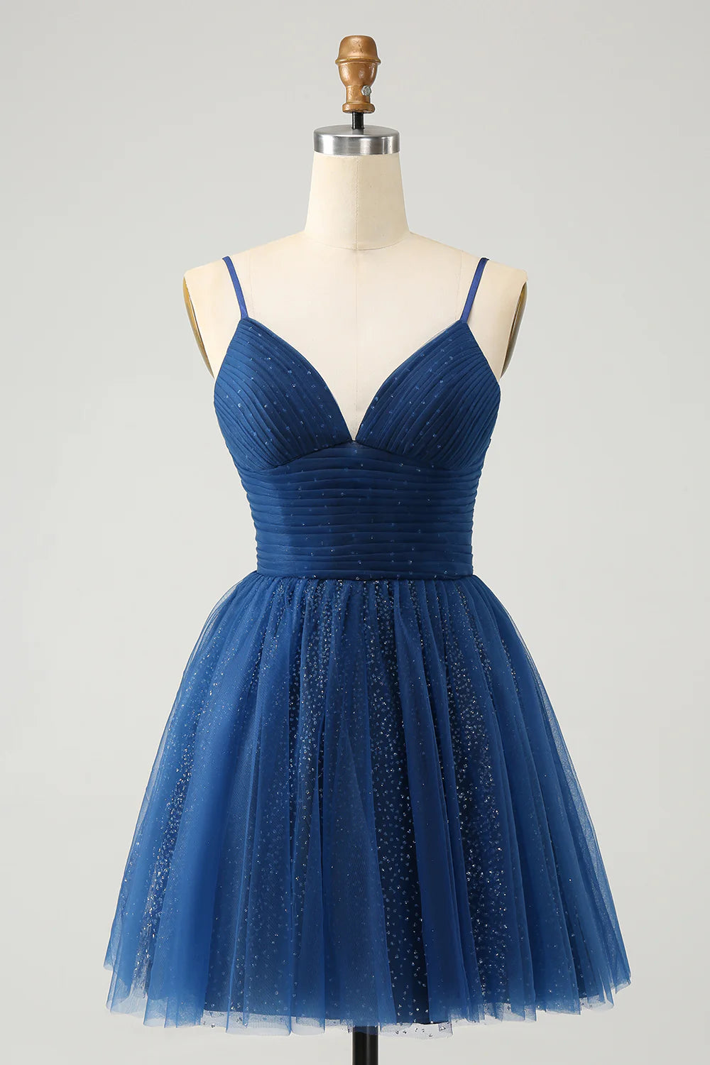 Navy A Line Spaghetti Straps Tulle Lace- Up Back Homecoming Dress