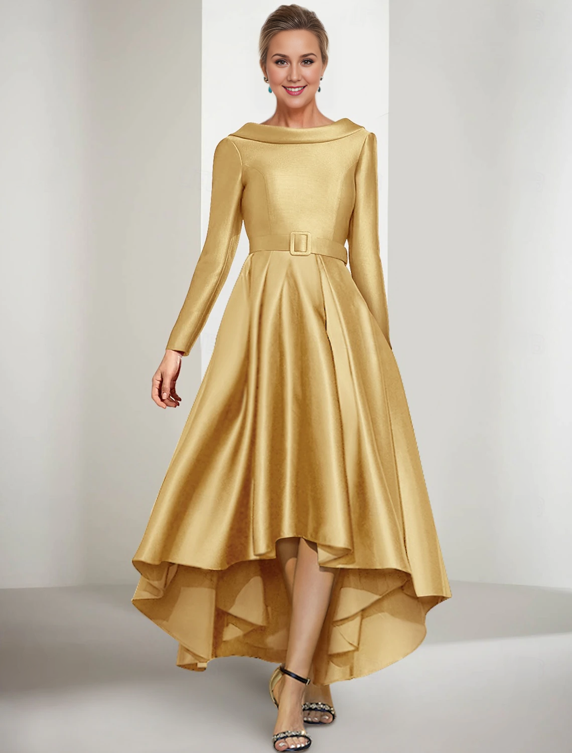 Buyishang A-Line Mother of the Bride Dress Elegant Jewel Neck Asymmetrical Satin Long Sleeve with Sash / Ribbon