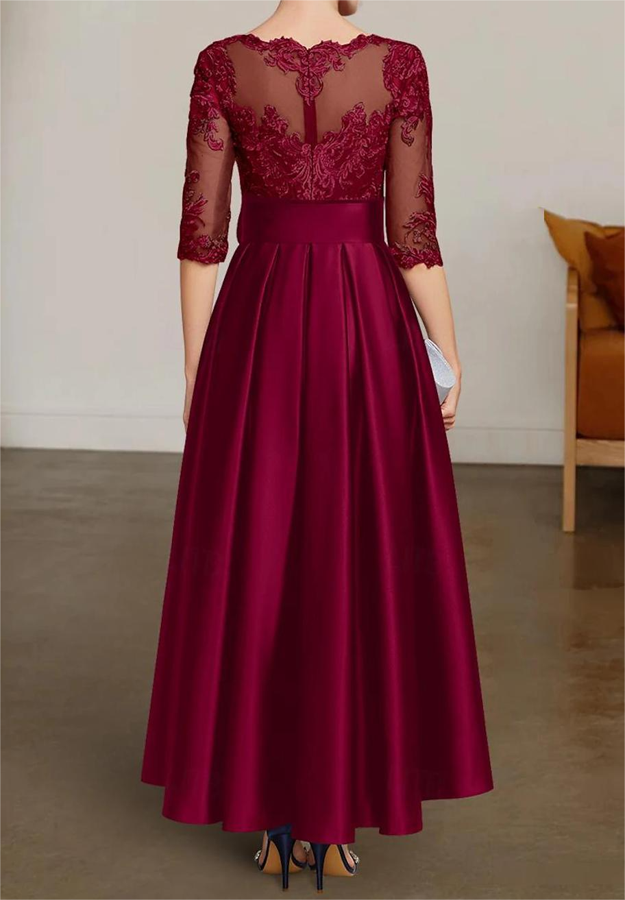 Buyishang A-Line Chrismas Dress Mother of the Bride Dress Formal Wedding Guest Elegant High Low Bateau Neck Asymmetrical Satin Lace 3/4 Length Sleeve with Lace Sash / Ribbon free custom size