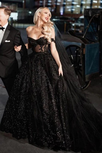Buyishang A-Line Black Gothic Wedding Dresses with Sequin Lace Appliques