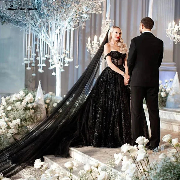 Buyishang A-Line Black Gothic Wedding Dresses with Sequin Lace Appliques