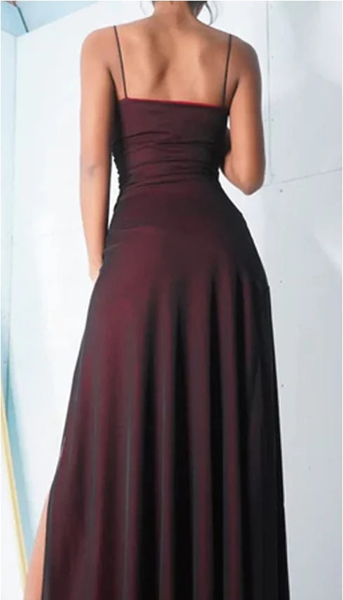 Sheath Spaghetti Straps Burgundy Long Prom Dress with Silt