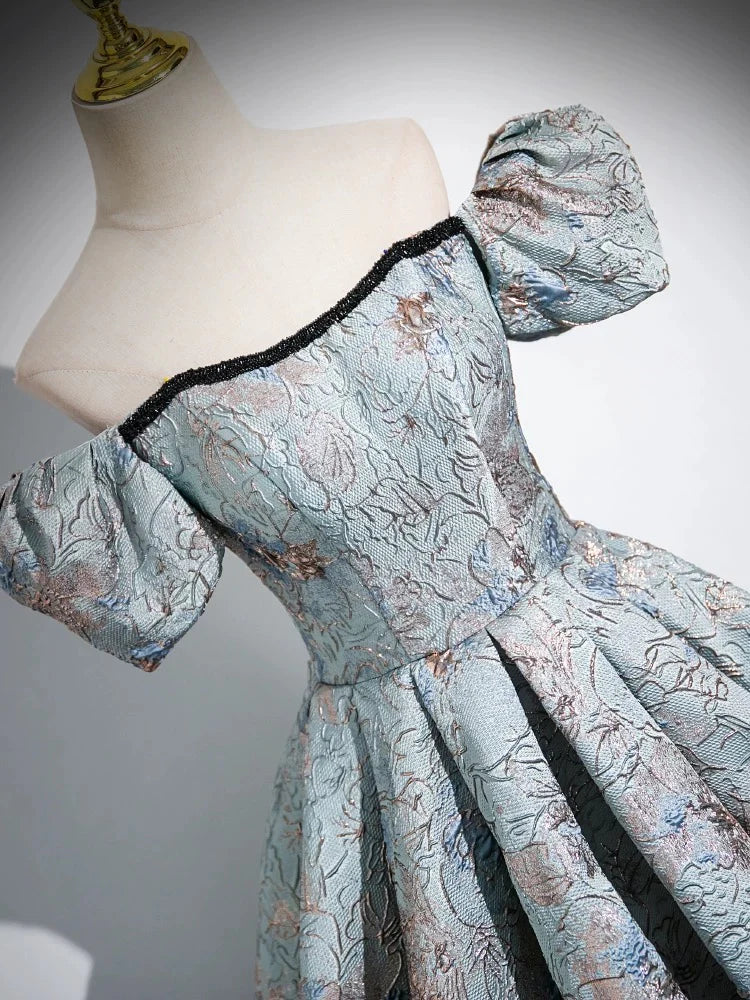 Buyishang A-Line Puff Sleeves Satin Gray Blue Long Prom Dress Gray Blue Long Evening Dress