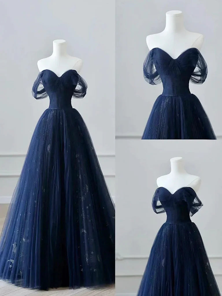 Buyishang A-Line Off Shoulder Tulle Lace Dark Blue Long Prom Dress Dark Blue Long Evening Dress