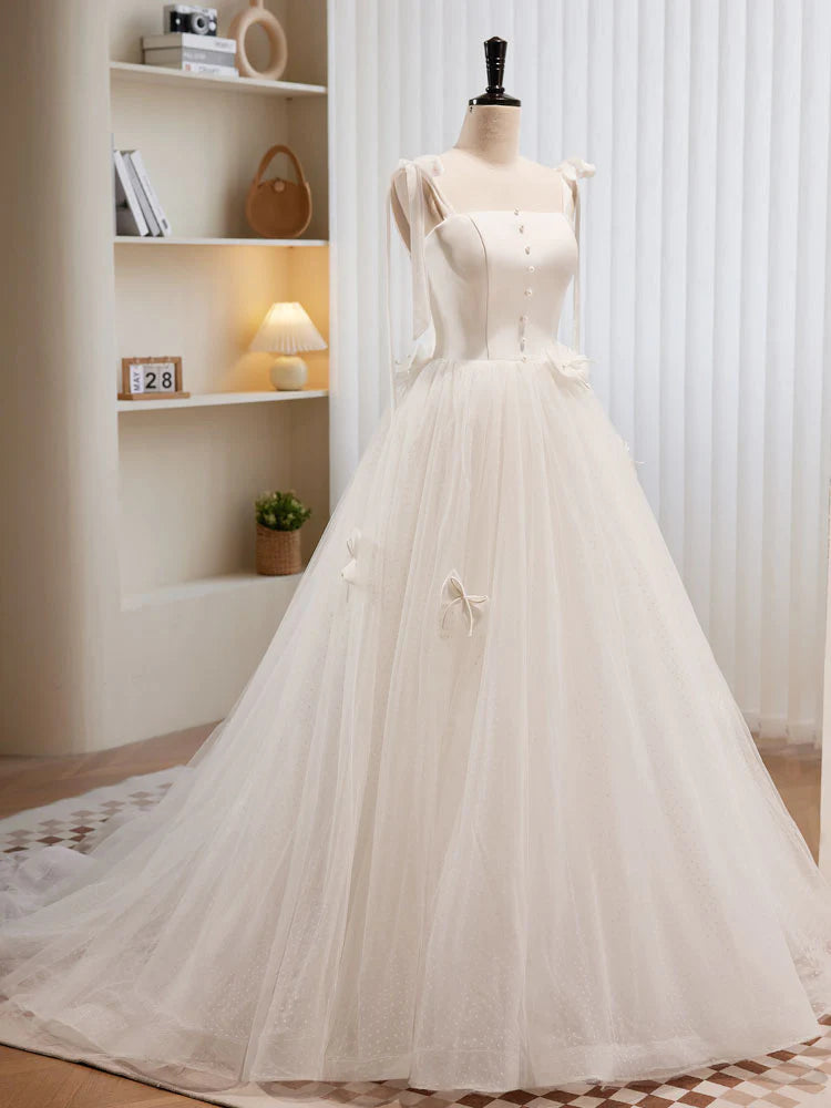 Buyishang White A-line Tulle Long Prom Dress White Tulle Formal Dress