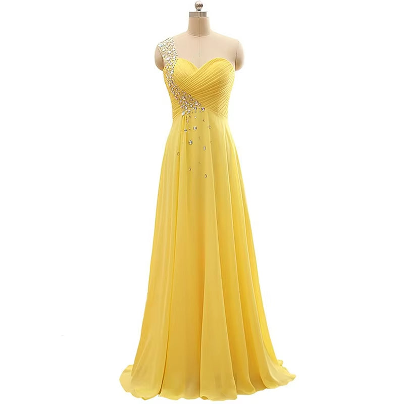 Buyishang A Line Chiffon Beading Pleat One Shoulder Floor Length Elegant Bridesmaid Dresses Wedding Party Formal Prom Evening Corset Back