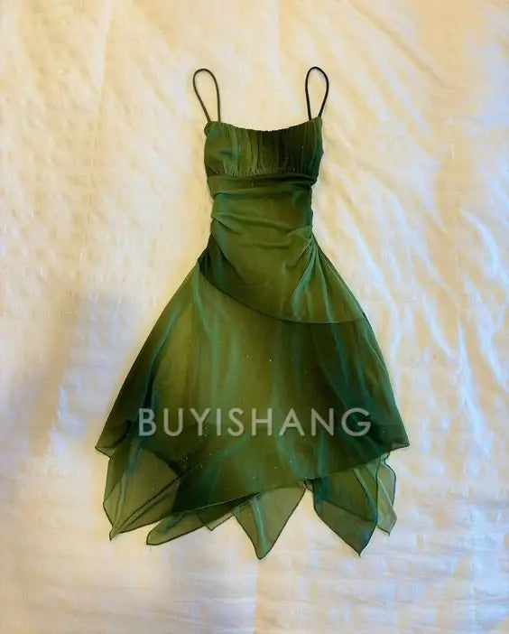 Buyishang 20th Birthday High Low Spaghetti Straps Green Chiffon Homecoming Dresses Short Party Dress