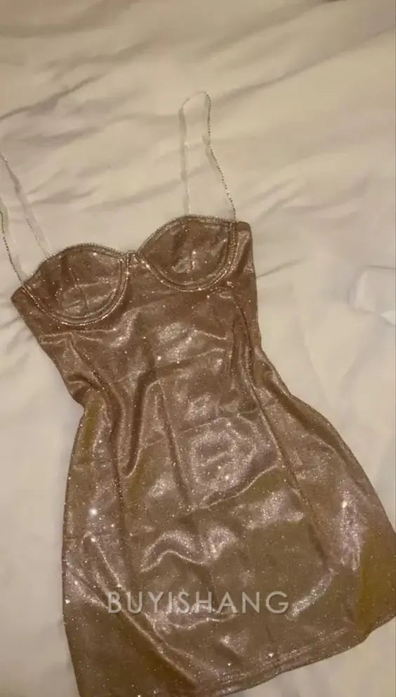 Buyishang 20th Birthday Sheath Spaghetti Straps Sequin Champagne Homecoming Dresses Short Party Dress