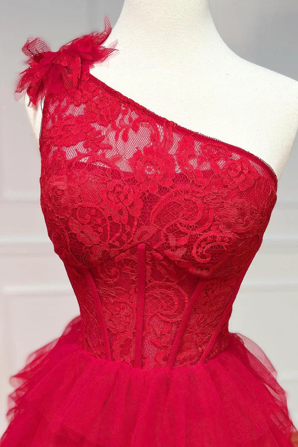 Red One Shoulder Tulle Layers Long Prom Dress with Lace A-Line Evening Party Dress
