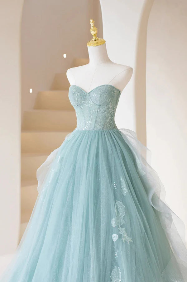 Lovely Sweetheart Neckline Tulle Long Prom Dress with Lace Beautiful Strapless Evening Dress