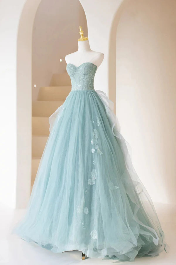 Lovely Sweetheart Neckline Tulle Long Prom Dress with Lace Beautiful Strapless Evening Dress