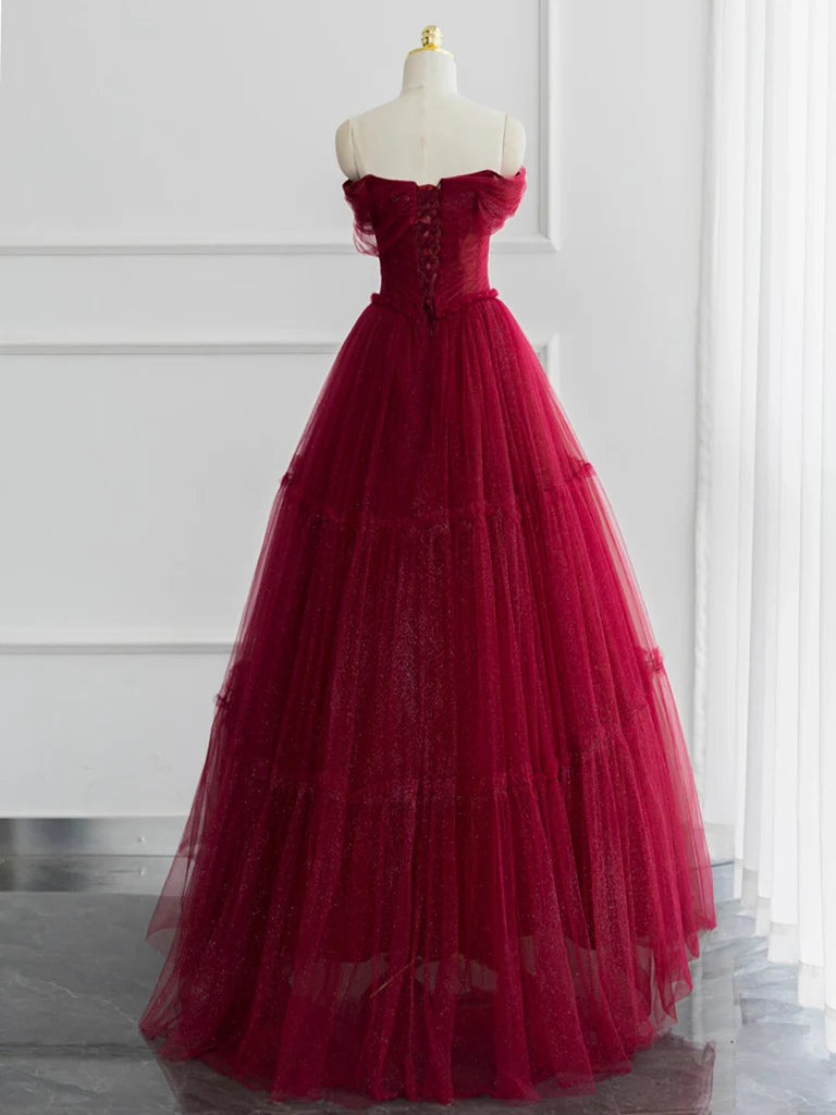 Buyishang A-line Off Shoulder Tulle Shiny Burgundy Long Prom Dress Burgundy Long Formal Dress