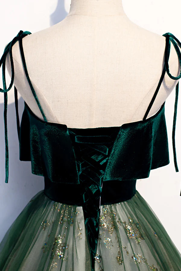 Green Tulle Long A-Line Prom Dress Green Spaghetti Straps Graduation Dress