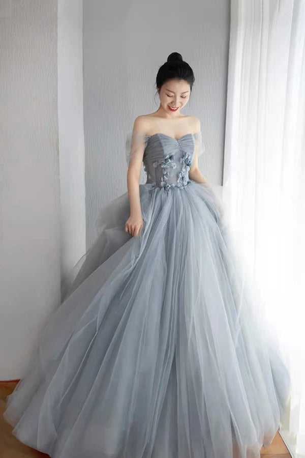 Gray Tulle Layers Long Prom Dress A-Line Strapless Formal Evening Dress