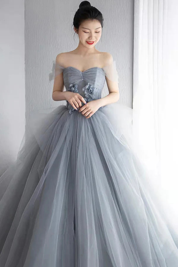 Gray Tulle Layers Long Prom Dress A-Line Strapless Formal Evening Dress