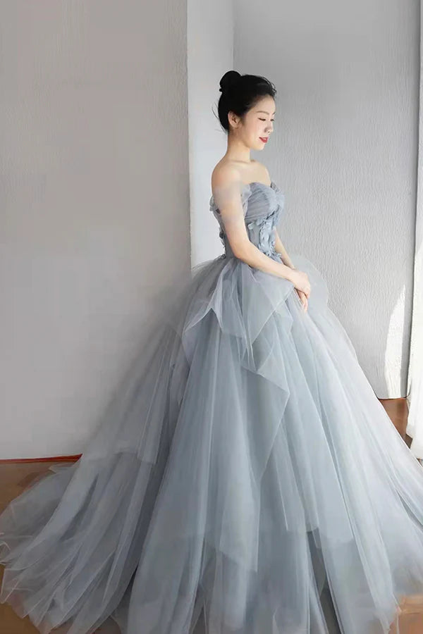 Gray Tulle Layers Long Prom Dress A-Line Strapless Formal Evening Dress